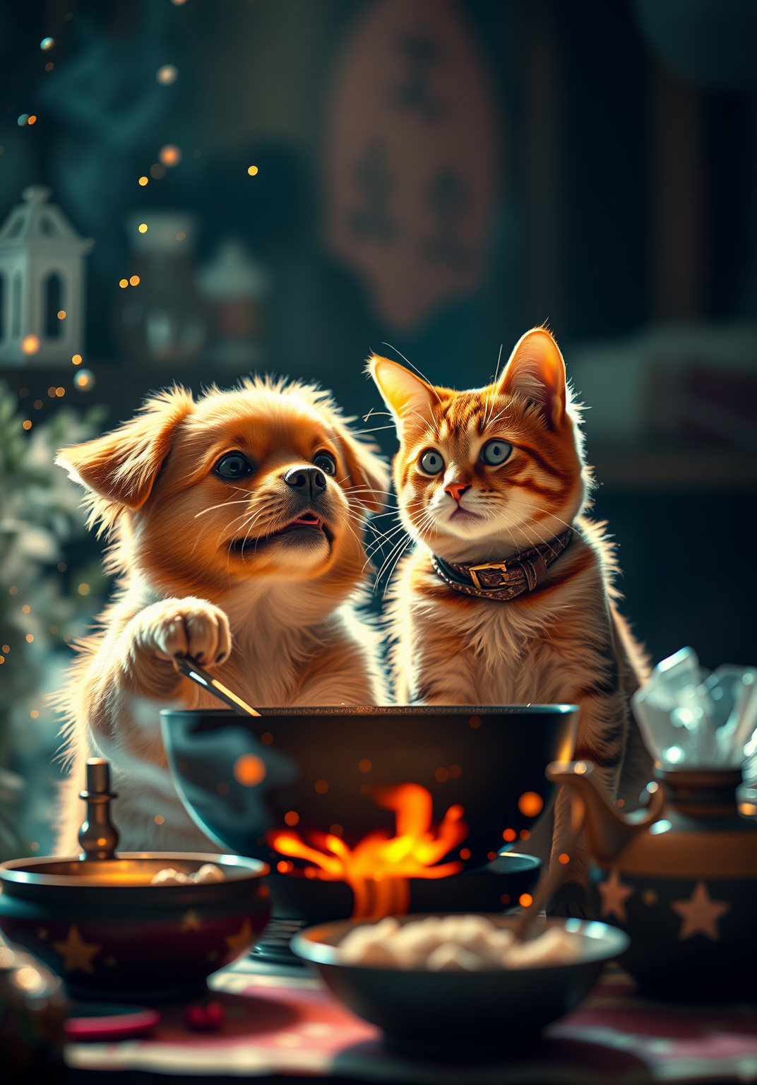 Згенеруй зображення де собака із котом готують wok