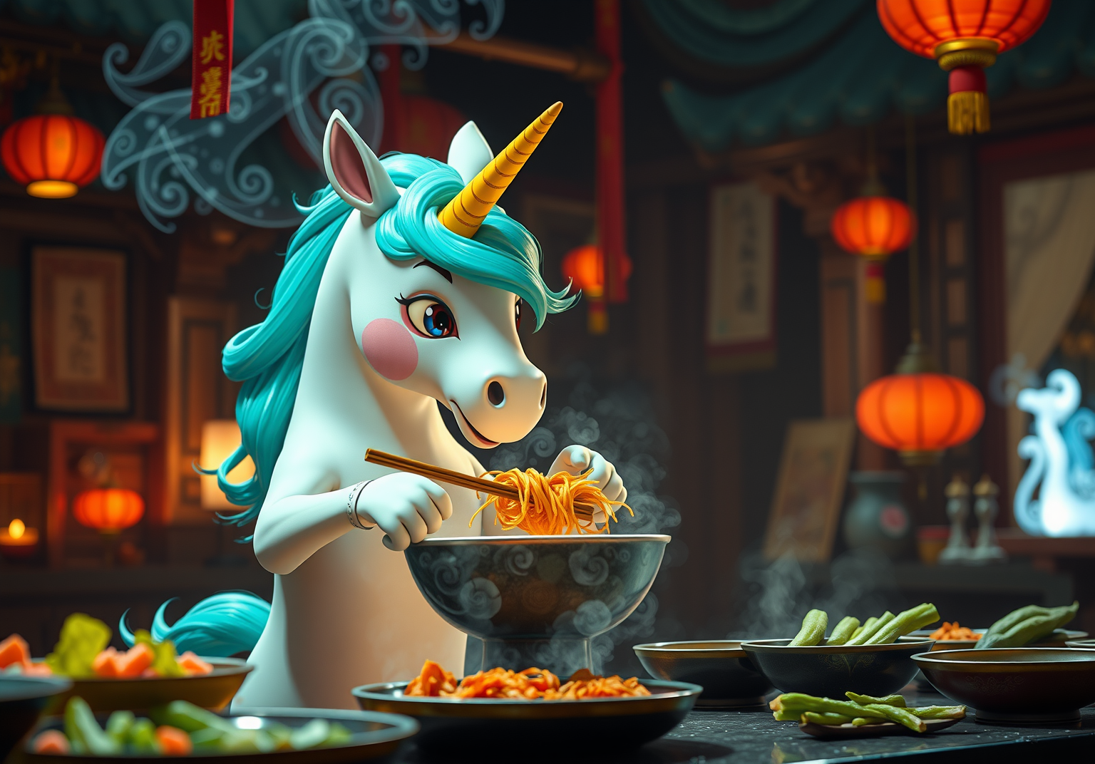 мультяшний єдиноріг готує wok для своєї мами
