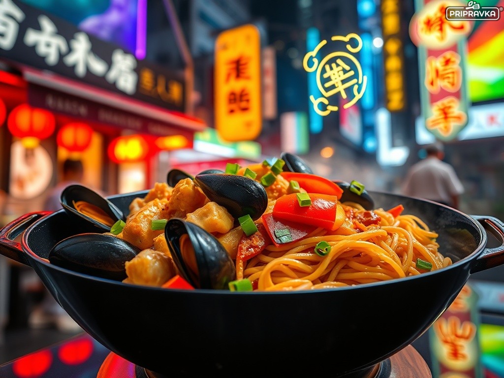 WOK dish with chicken, mussels, colorful vegetables, and egg noodles in a glossy Asian sauce, served hot in a wok pan, garnished with green onions