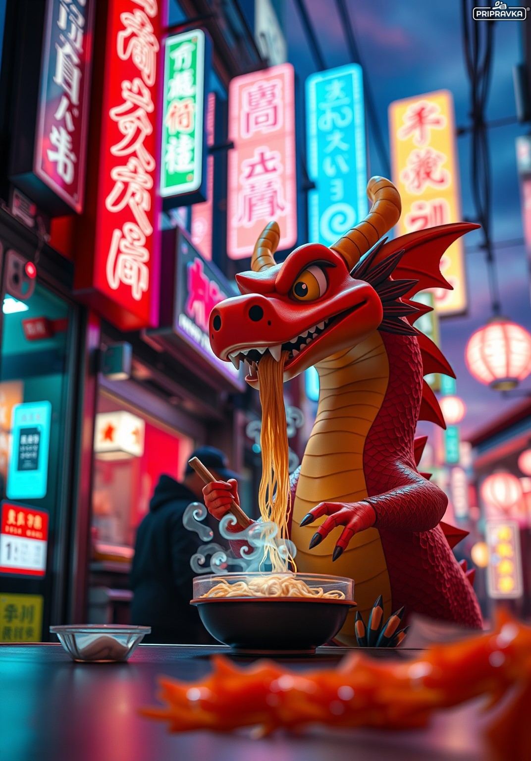 Мультяшний дракон готує рамен