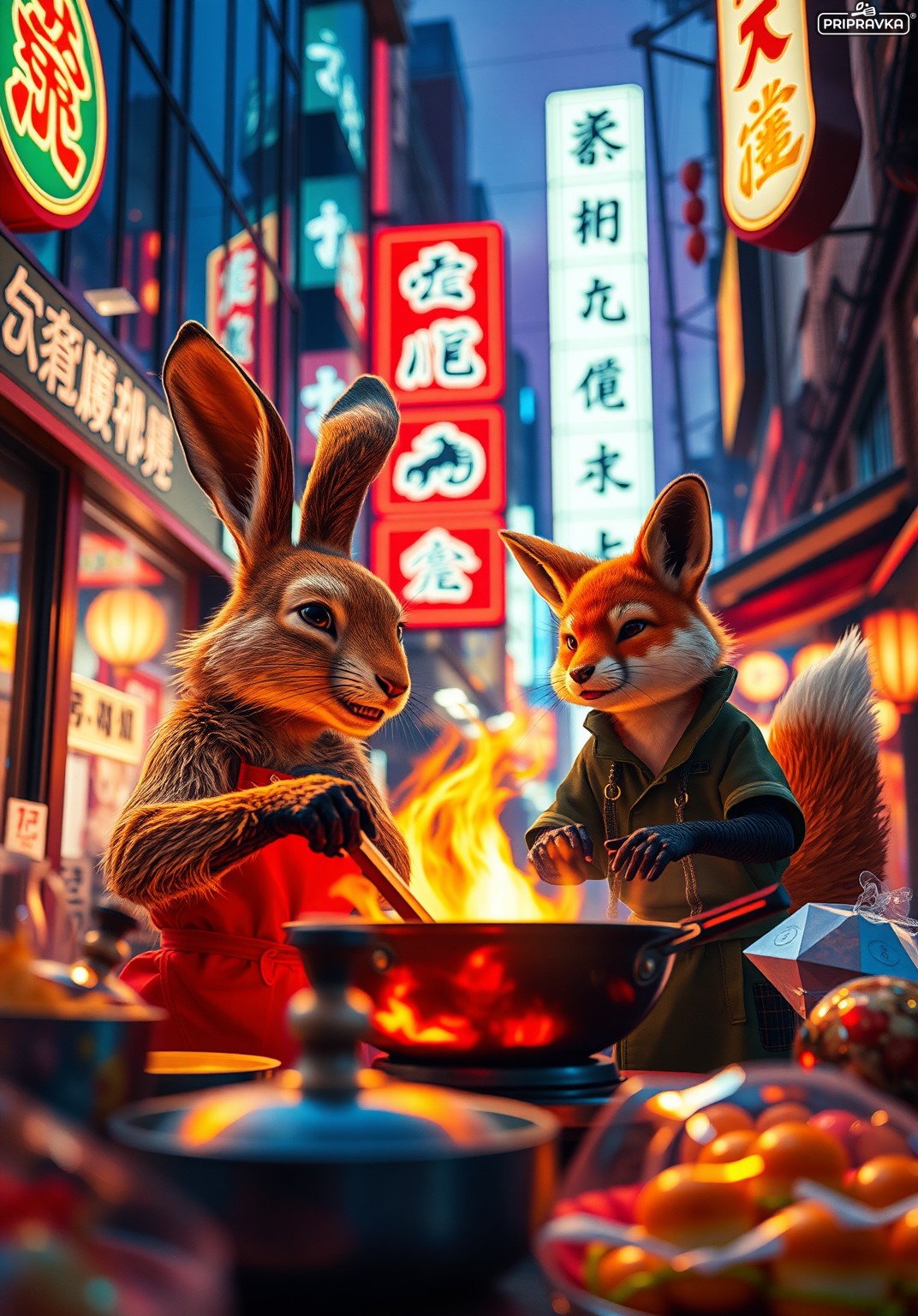 Заєць і лисичка готують wok